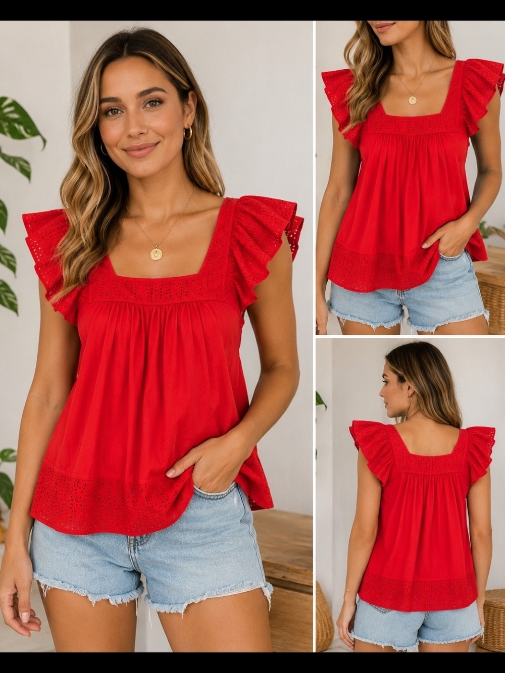 Pepin XS Red Eyelet Flutter Sleeve Cotton Blouse Boho Square Neck Women's Top